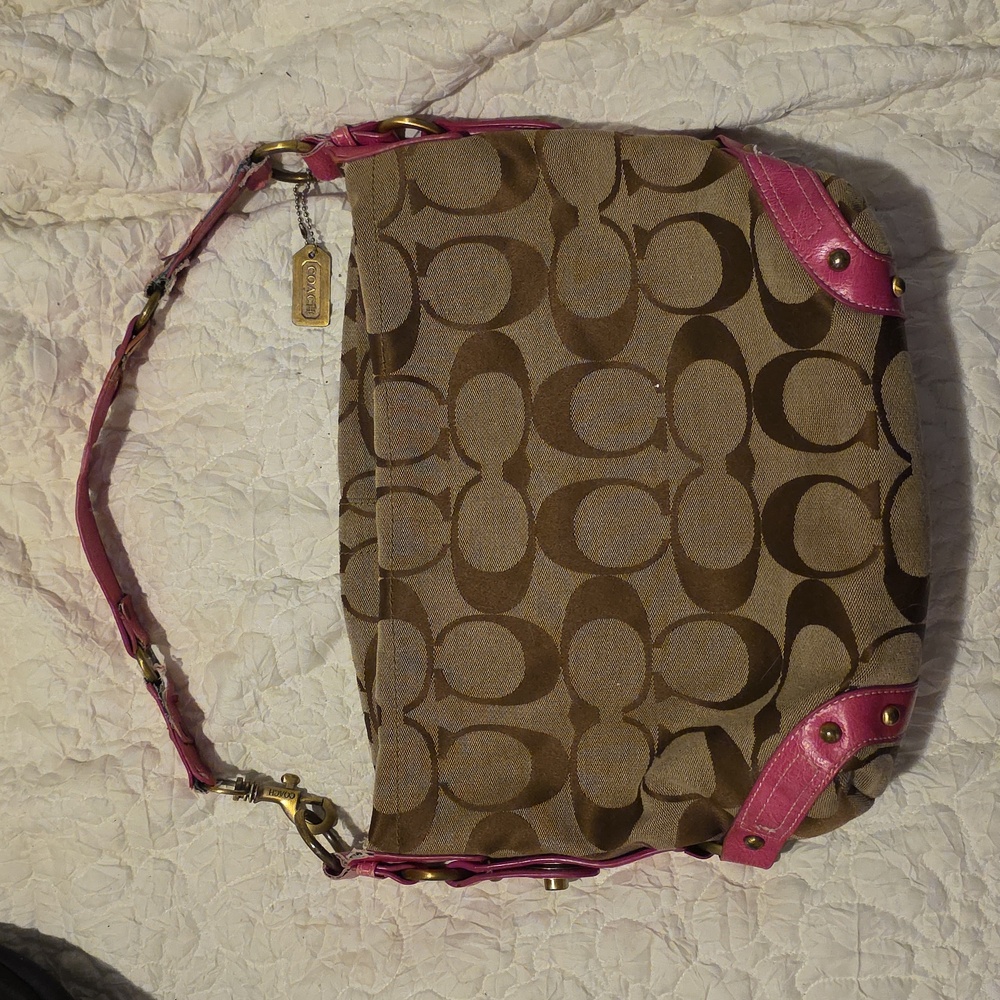 Coach Tan and Pink Signature Shoulder Bag